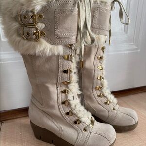 Aldo Beige Fur-Lined Lace-Up Boots
